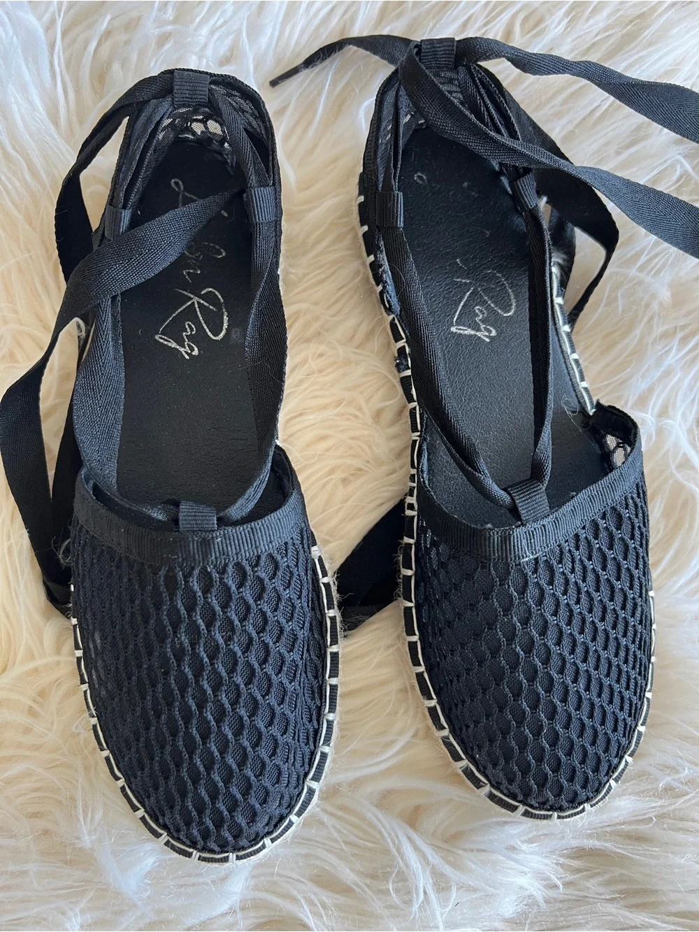 Black Lace-Up Mesh Espadrille Flats